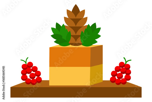 pine cones  red berries  rustic wood podium  