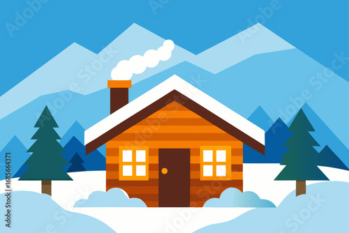 rustic cabin  snow outside  warm interior stage  