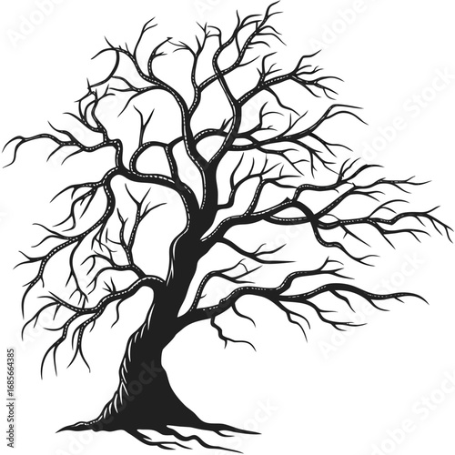 "Create a detailed black silhouette of a leafless, gnarled tree with twisting branches spreading out in various directions, giving a sense of eerie, natural complexity and organic flow."