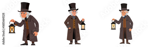 Victorian man in top hat holding candle lantern with grumpy face, transparent background, vector set