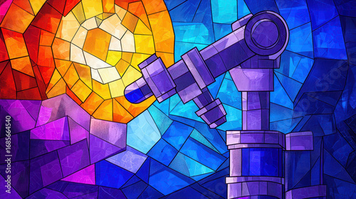 Vibrant stained glass image featuring telescope aimed bright sun, surrounded by colorful geometric patterns. artwork evokes sense of wonder