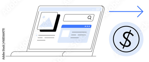 Laptop displaying search bar, image, and text elements accompanied by dollar icon and arrow symbol. Ideal for marketing, e-commerce, finance, digital advertising, analytics, ROI web monetization