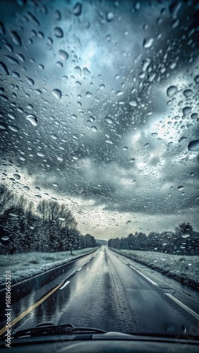 View from the car windscreen during heavy rain and wet snow