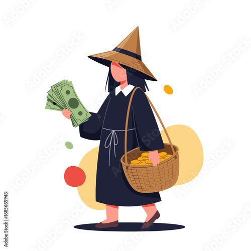 A mysterious figure in traditional attire carries a basket of gold coins and money bills for a transaction