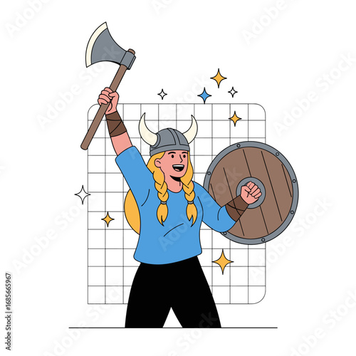 Warrior woman holding axe and shield symbolizing strength determination courage and victory in battle