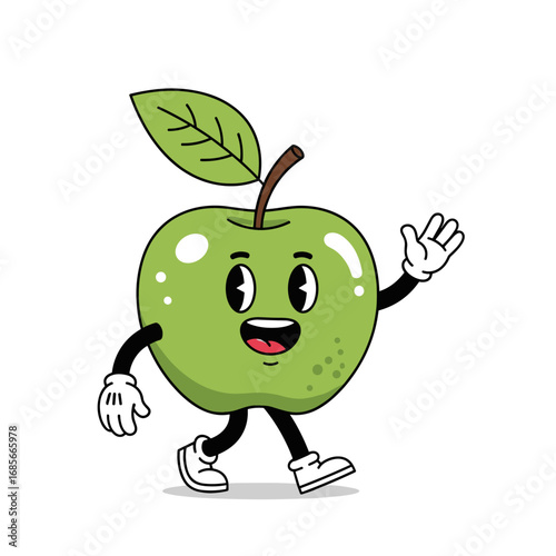 A vintage style animated green apple character walking happily and waving hello to viewers