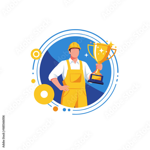 Skilled construction worker celebrates winning a golden trophy for excellence in building and labor