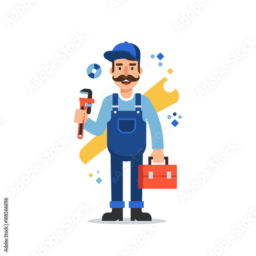 Friendly cartoon plumber character holding wrench and toolbox ready for home repair and maintenance services