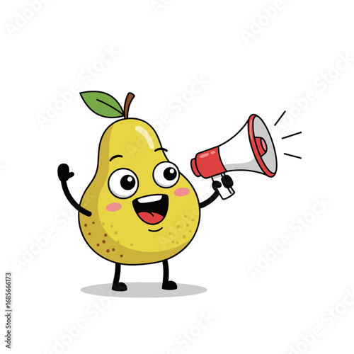 A cheerful pear character holding a megaphone and announcing something excitingly to the audience