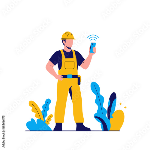 Skilled construction worker in safety helmet and yellow overalls holding a smartphone with wireless signal icon above