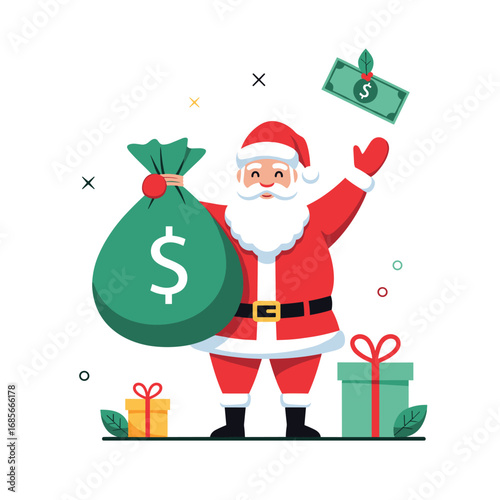 Merry christmas and happy new year holidays season greetings with santa claus holding a money bag and gifts and banknotes flying around