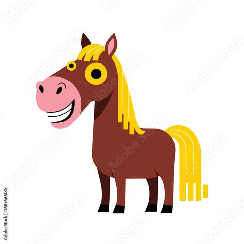 Funny cartoon brown horse with big smile and yellow mane and tail