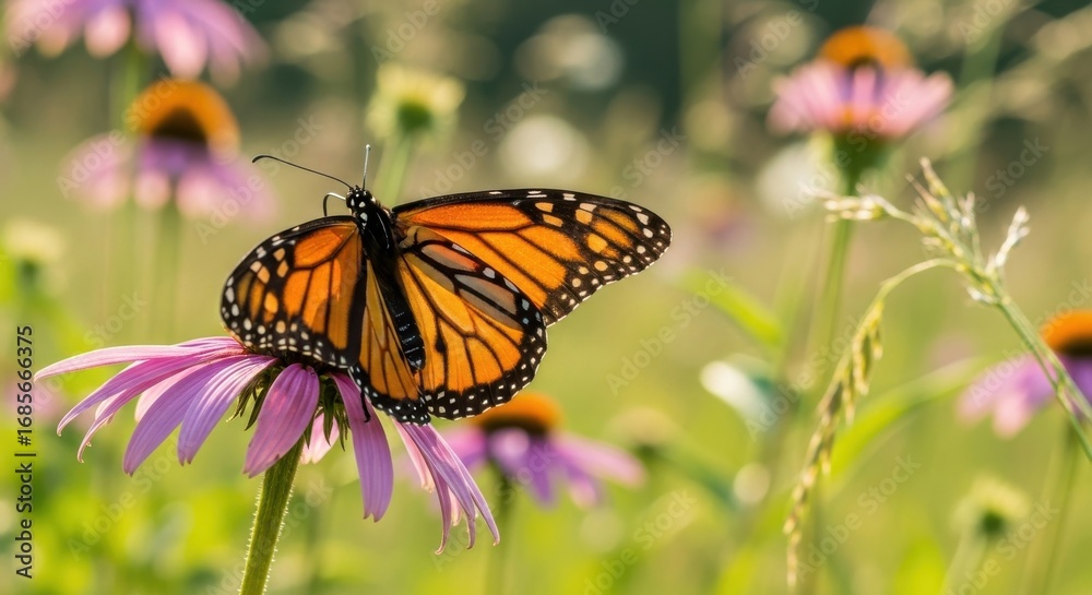 Fototapeta premium Monarch butterfly gracefully perches on a vibrant Echinacea flower petal