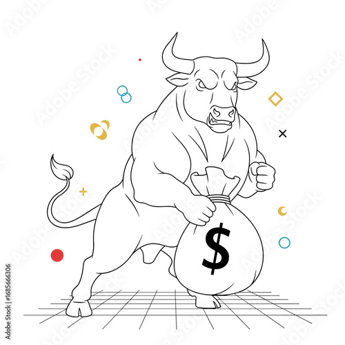 Powerful bull symbolizing financial growth and economic prosperity with a money bag