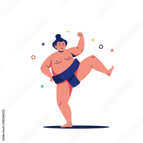 Illustrative depiction of a sumo wrestler performing a dynamic movement in traditional attire