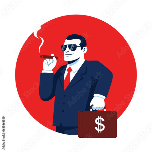 Successful businessman confidently holding a briefcase and smoking a cigar