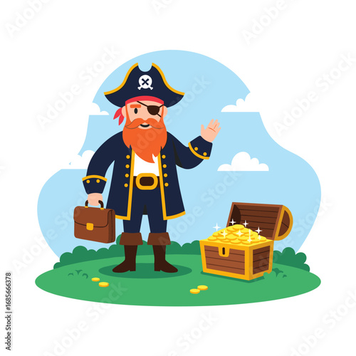 Adventurous treasure hunter pirate with briefcase and chest full of gold coins on a sunny day illustration