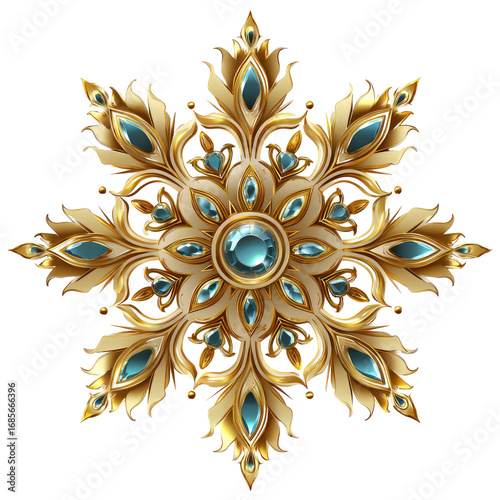 Ornate golden snowflake design detailed with teal gems.  A symmetrical, star-like pattern of elaborate gold filigree.  Gems are a rich teal color, adding a touch of luxury