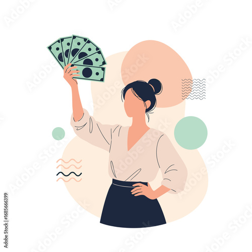 Woman proudly holding fan of cash demonstrating financial success and wealth accumulation