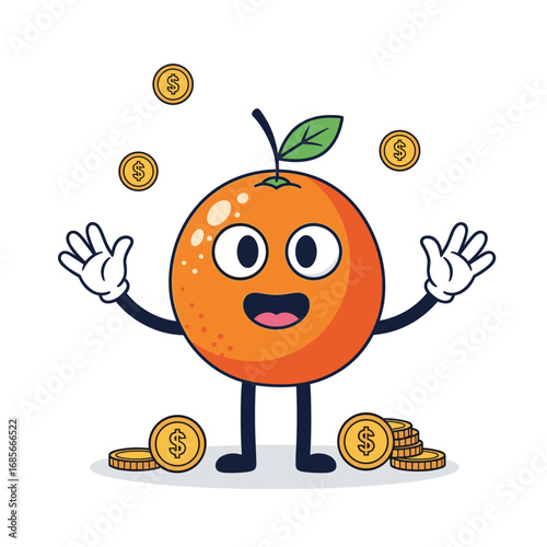 Happy orange character juggling golden coins demonstrating financial success and abundance