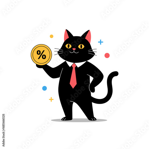 A dapper black cat in a suit holding a percentage coin with a confident stance