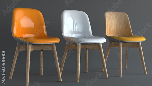 Three modern chairs in varying colors