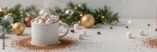 cup of hot chocolate, marshmallows, christmas decorations