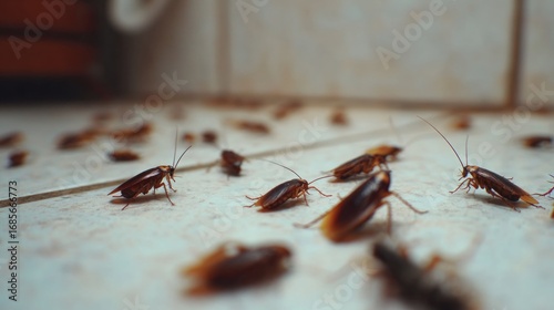 Many cockroaches on a tiled floor