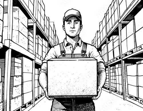 Warehouse worker  carrying a box in a storage facility aisle