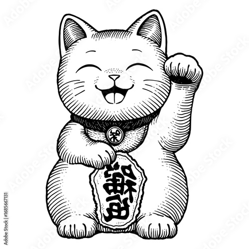 Maneki-neko cat illustration in black and white