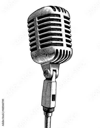 Vintage microphone illustration in black and white woodcut style