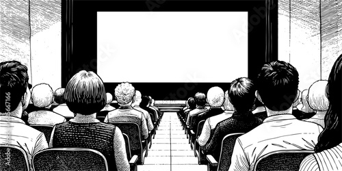 Viewers in a cinema hall looking at an empty screen. View from behind.