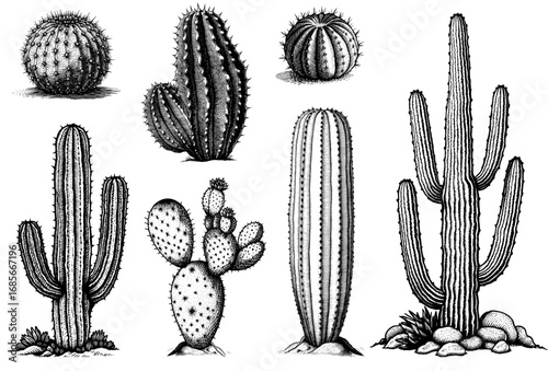 Set of vintage botanical cactus illustrations black and white