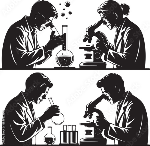 set of Scientists conducting research lab experiments using microscope and test tubes a silhouette study on white background
