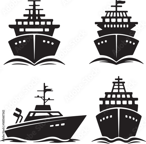 set of Ship and marine boat black on white background