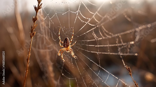 Wallpaper Mural Spider on dew covered web in golden morning sunlight Torontodigital.ca