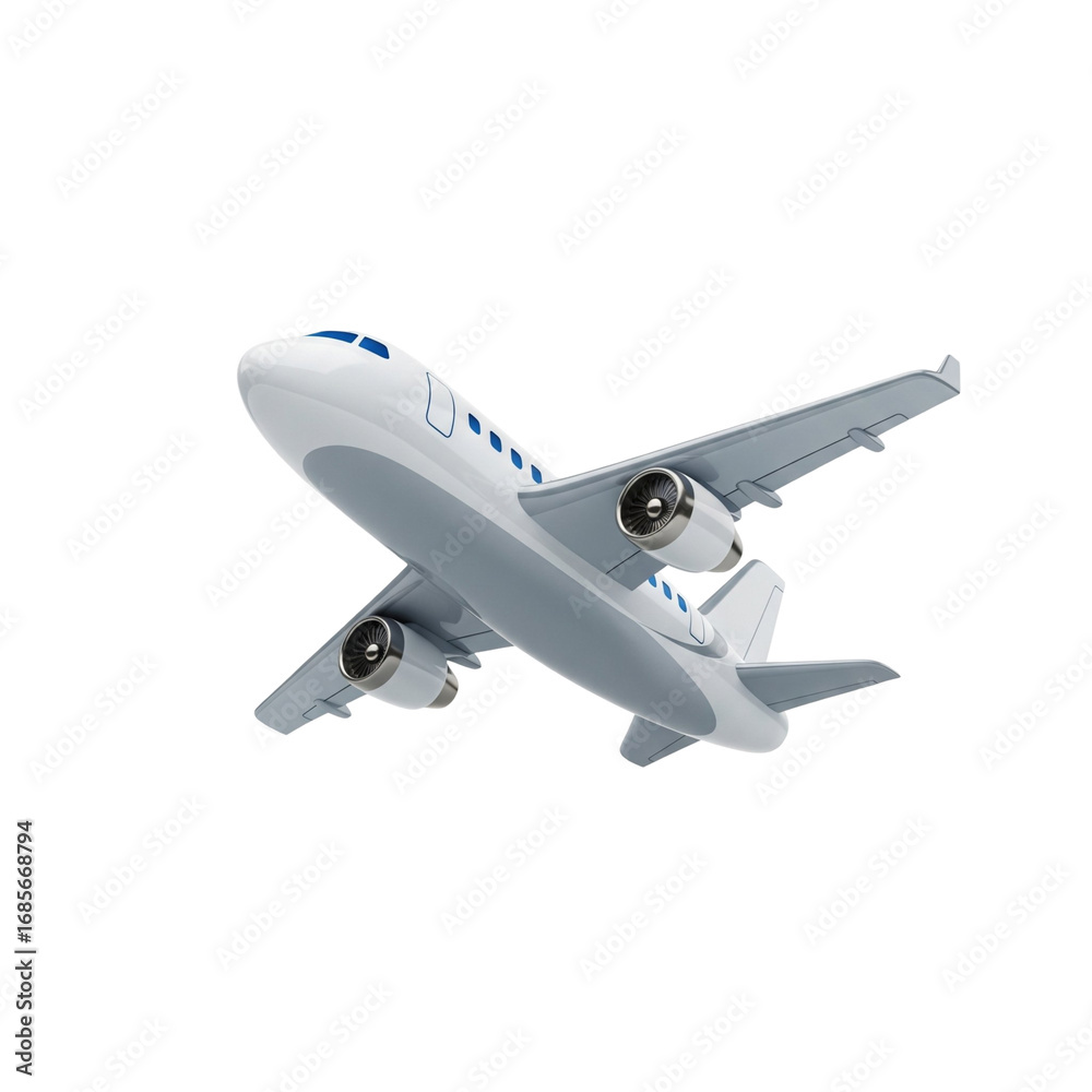 Fototapeta premium Modern Passenger Jet Airplane Flying Isolated on White Background - Commercial Air Travel and Aviation Concept 3D Render