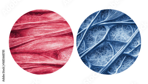 Microscopic views of tissue samples. Two circular images, side-by-side, di