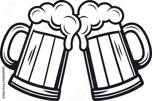 Two beer mugs toasting with frothy beer