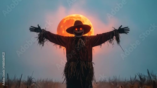 Spooky Scarecrow with Glowing Eyes in Cornfield under Full Moon