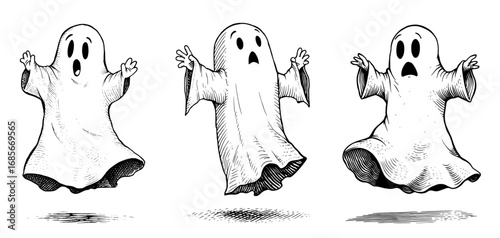 Cartoon ghosts in hatching style