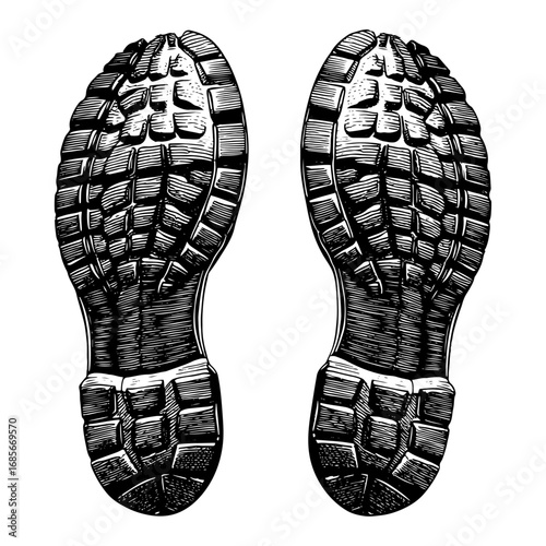 Treaded soles of a pair of boots in a woodcut style, black and white illustration