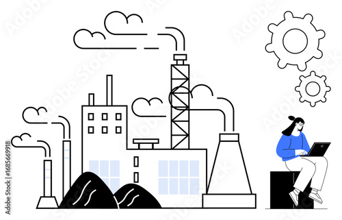 Factory with smokestacks emitting smoke, piles of coal, large gears, and a woman seated with a laptop. Ideal for industry, innovation, environment, technology, work balance sustainability