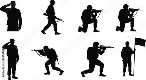 Black silhouette set of military soldiers in different poses with guns, saluting, walking, and standing on white background vector illustration