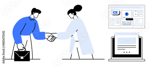 Two colleagues shake hands symbolizing agreement, accompanied by a laptop and analytics dashboard. Ideal for teamwork, partnerships, remote work, innovation, collaboration, communication