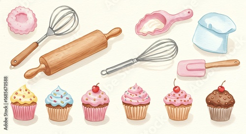 Bakery tools and cupcakes illustration