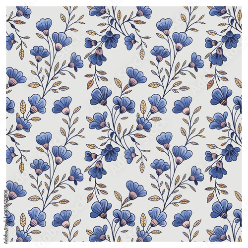 Blue Blossom Garden" features soft blue flowers and delicate peach-toned leaves arranged in a graceful and harmonious pattern. The light, muted background enhances the tranquil and serene nature.