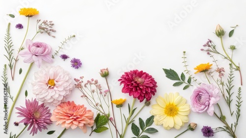 Floral Flatlay Colorful Spring Blooms Composition, White Background, Nature Photography Floral Design, Flatlay Photography