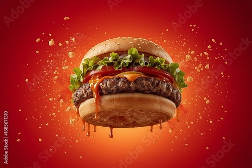 Tasty burger with french fries and fire.