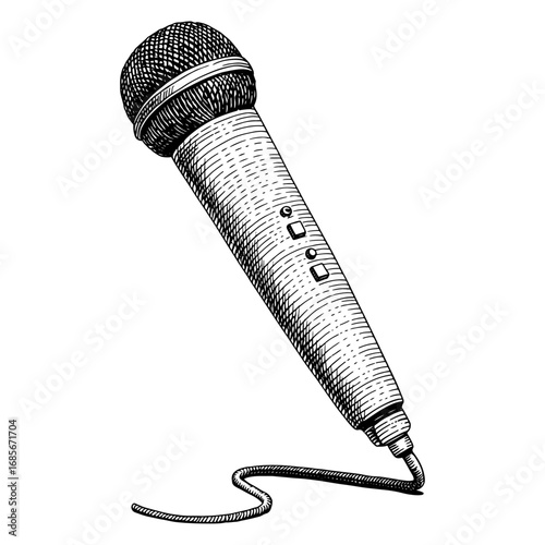 Vintage microphone in a woodblock style, black and white